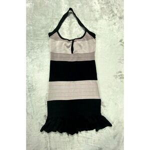 Bebe Dress Womens Medium Black Beige Bodycon Halter Bandage Y2K Clubwear Sexy